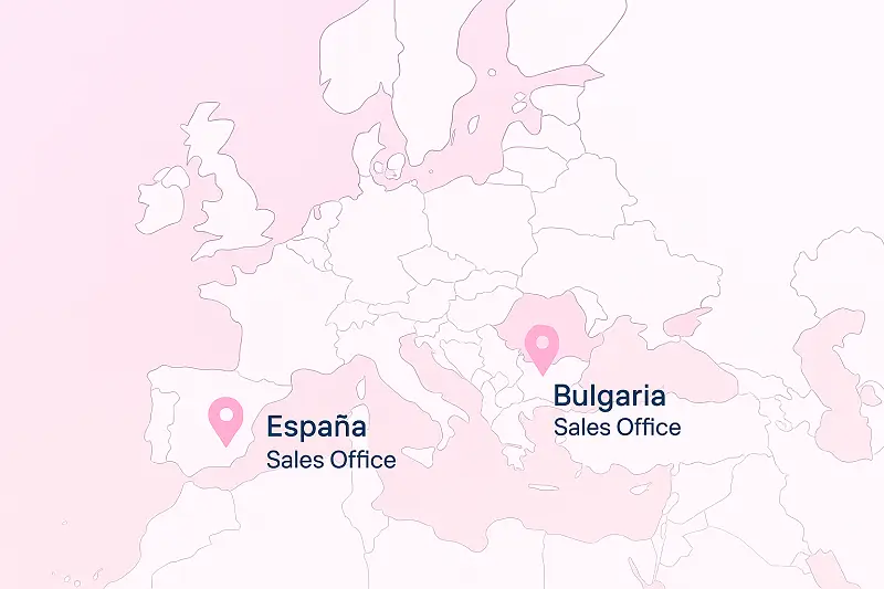 Sales-offices-Topdermal-2 Mappa dell'Europa con due segnaposti, uno in Spagna e uno in Bulgaria, con le sedi di vendita di TopDermal